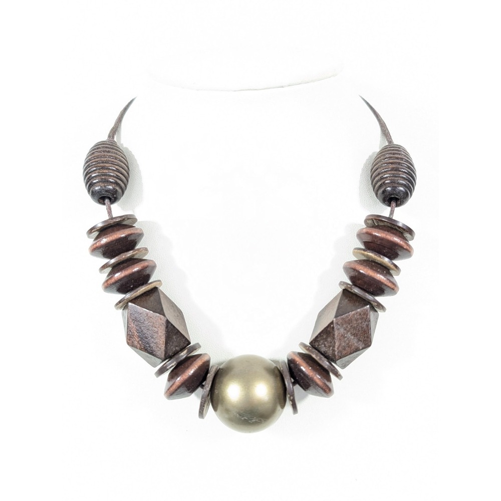 Brown Chunky Wood Bead Bronze Tone Statement Necklace Boho Tribal 20 in